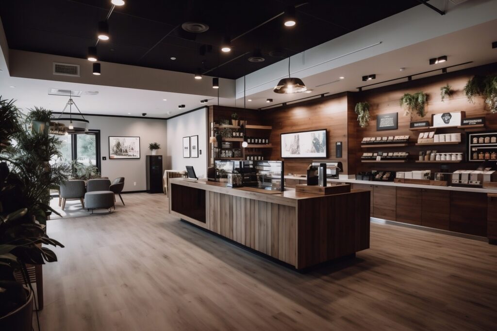 Modern cannabis dispensary interior with checkout counter, POS hardware, and product displays