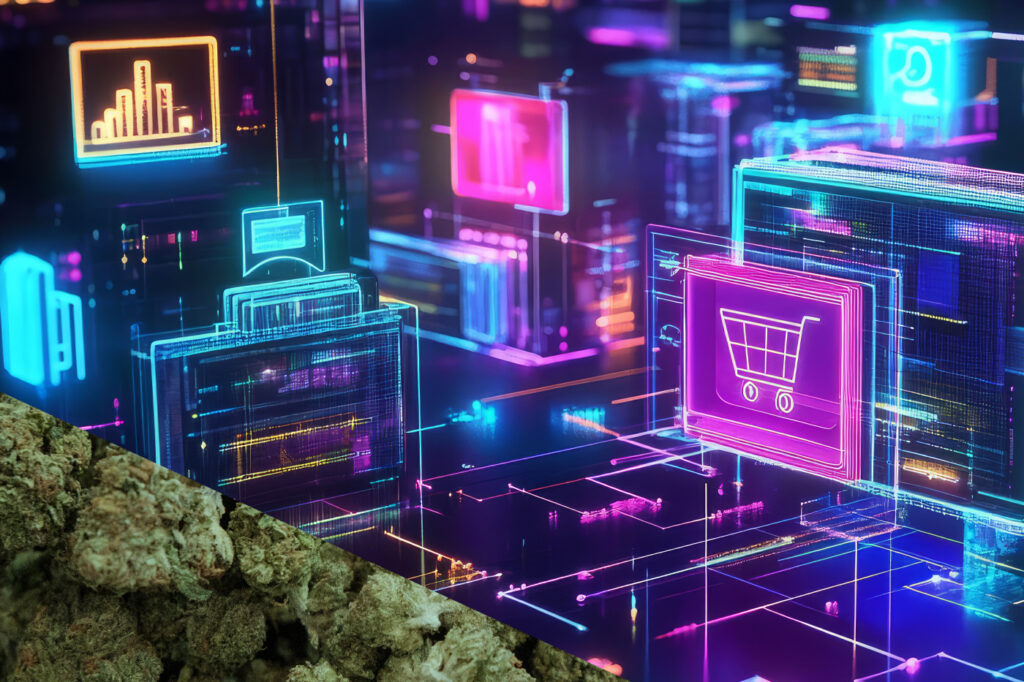 Connected cannabis retail network visualization with shopping and analytics interfaces