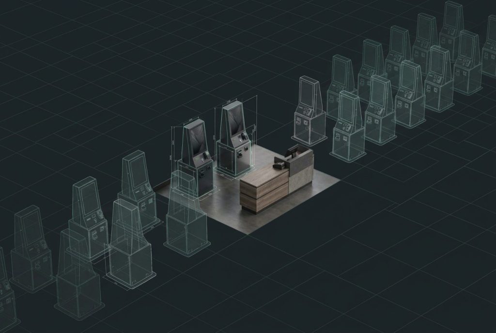 Blueprint-style dispensary checkout layout showing standardized POS hardware replicated across multiple retail locations