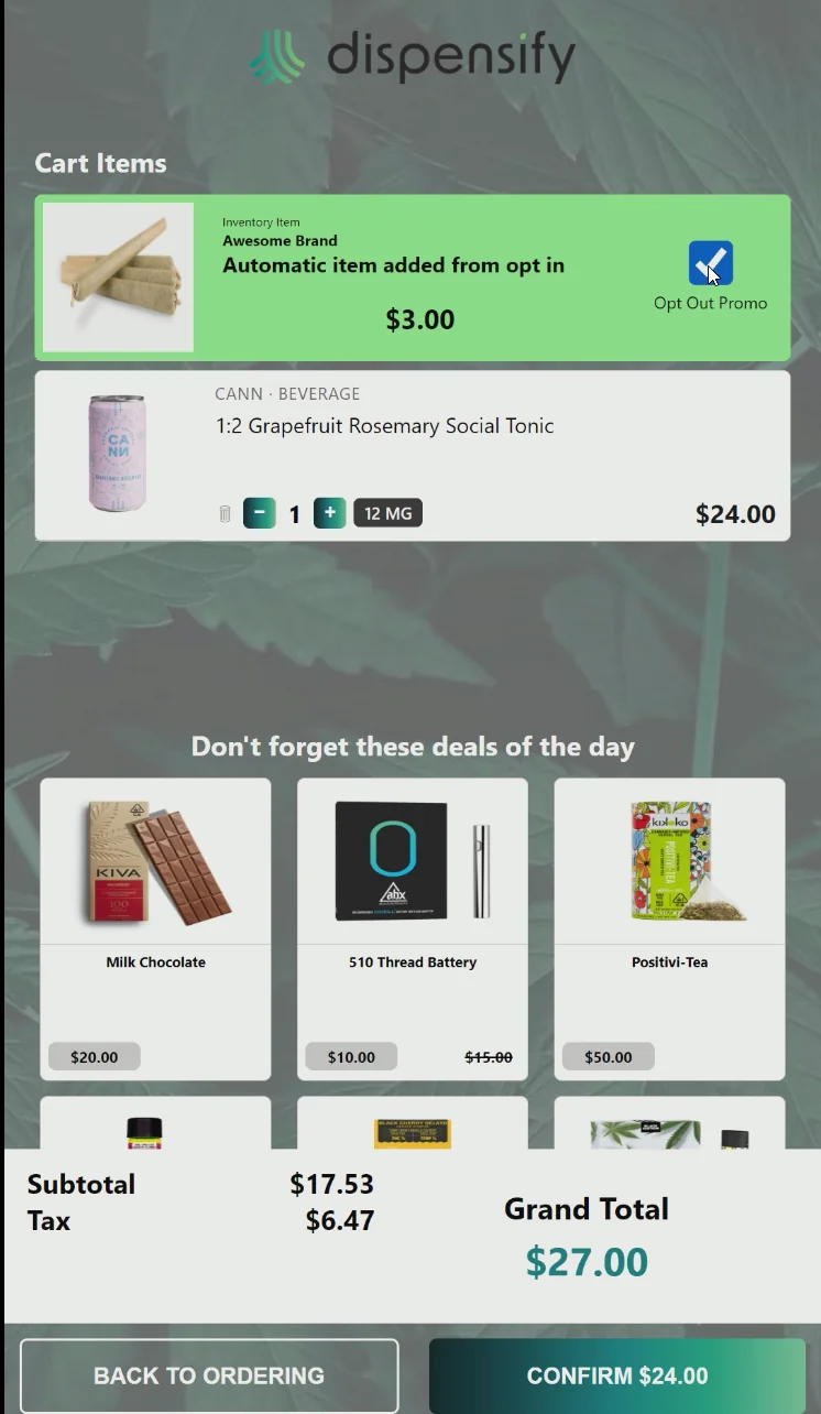 Dispensify Kiosk OS cart total and checkout action screen