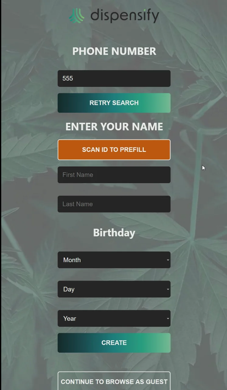 Dispensify Kiosk OS customer registration form for profile and loyalty context