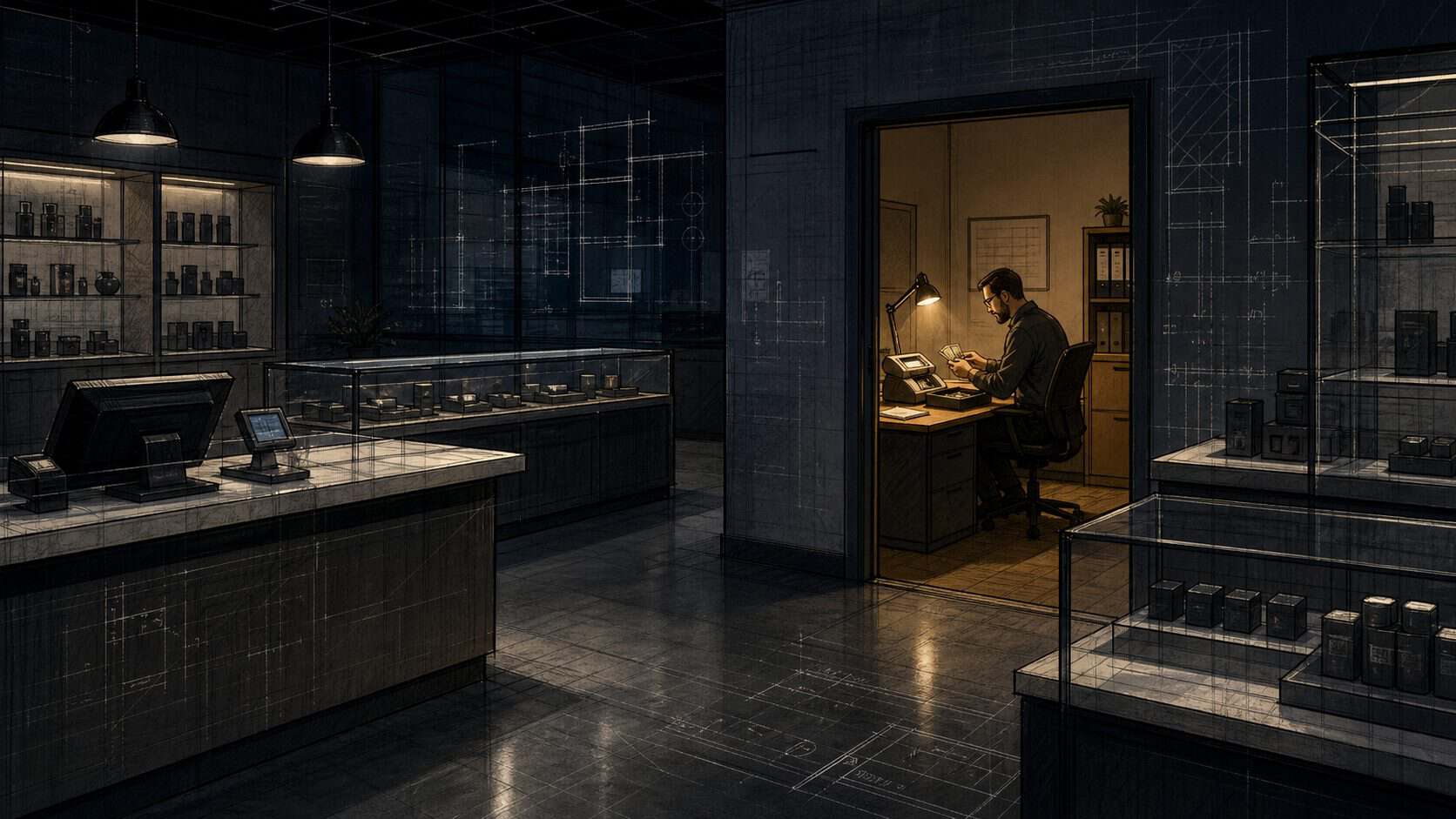 Dark dispensary after closing with a manager counting cash in the back office