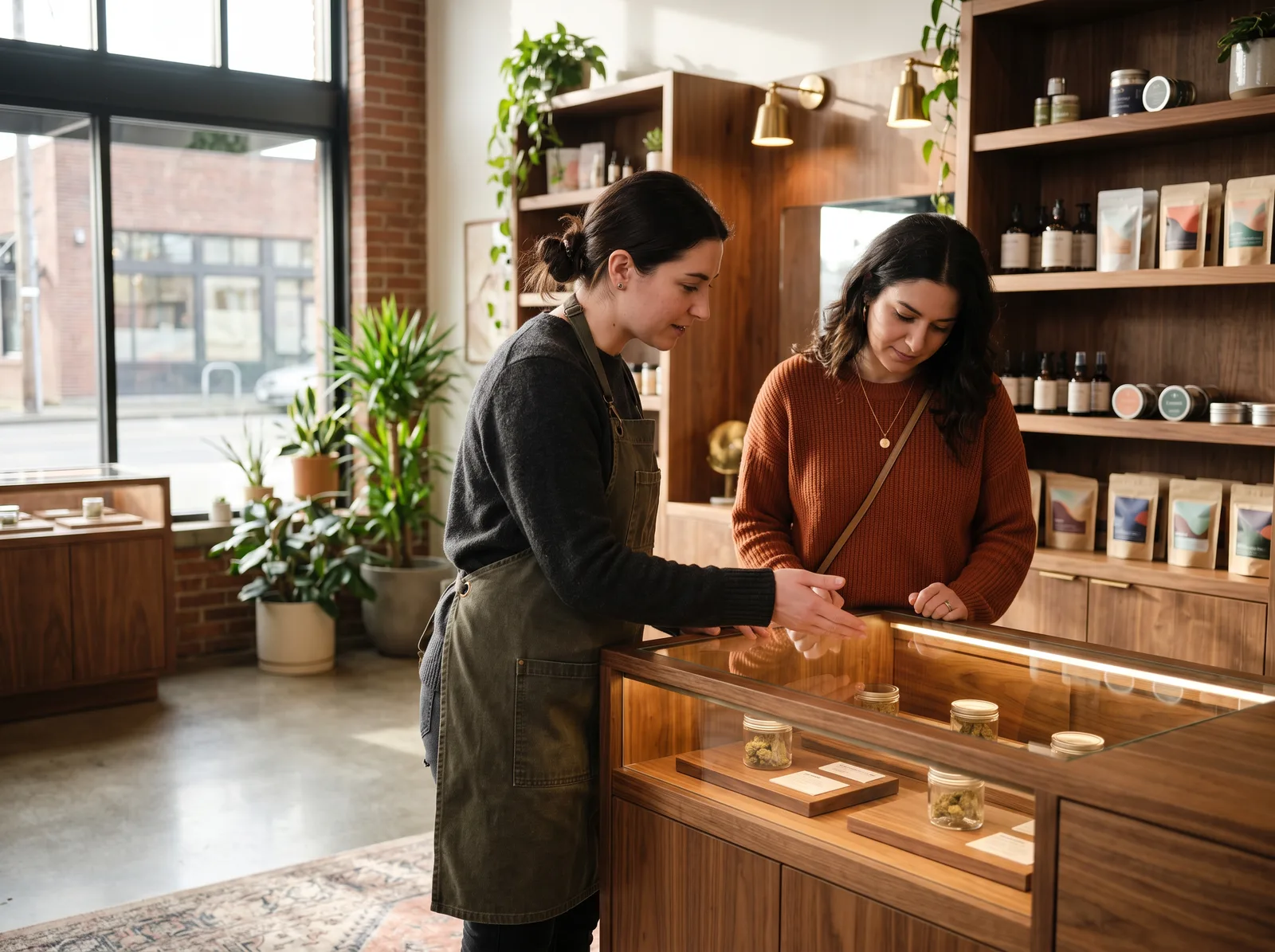 Budtender helping a customer choose products at the display case