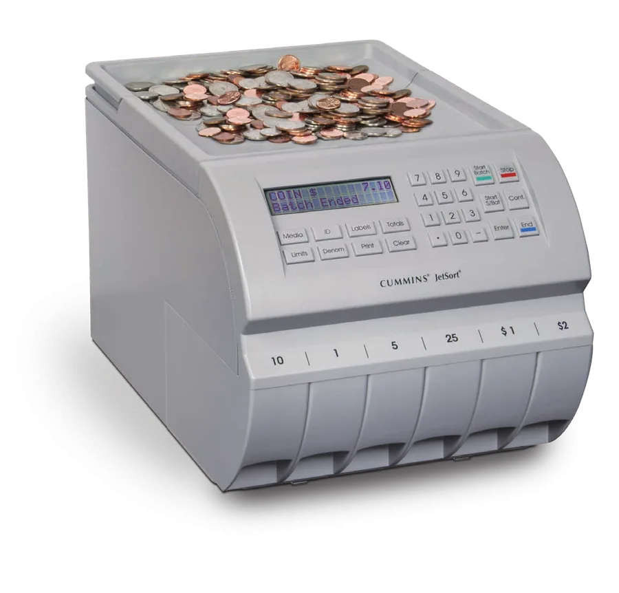 CPI Cummins JetSort 1000 countertop coin sorter with mixed coins in the hopper