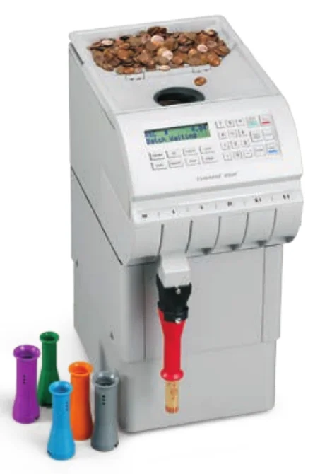 CPI JetSort 1000 with the coin packaging kit, colored coin funnels, and a filled coin tube