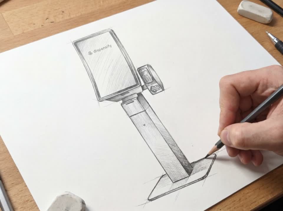 Hand sketching a custom Dispensify kiosk configuration