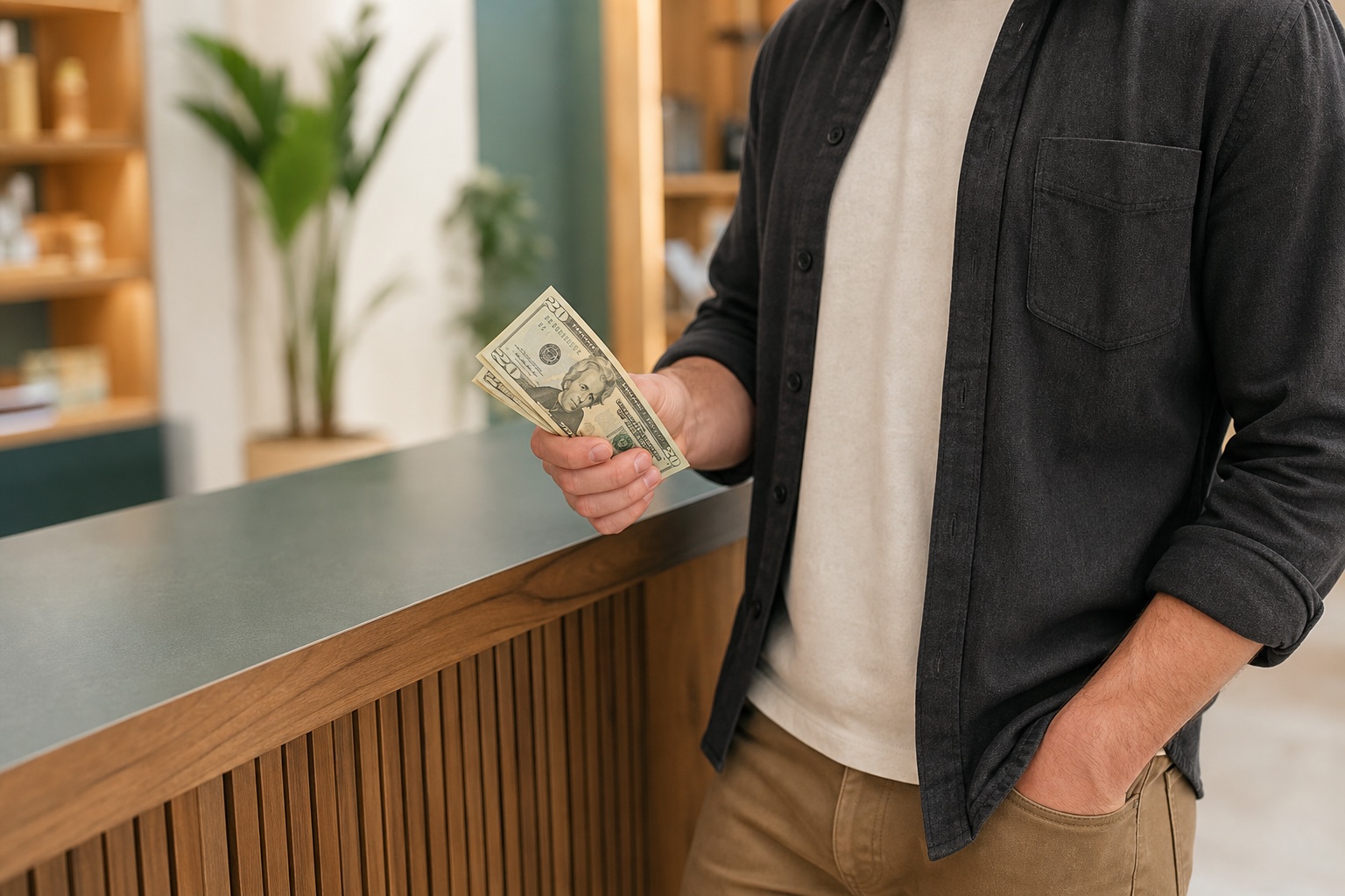 Dispensary customer holding cash at a retail checkout counter