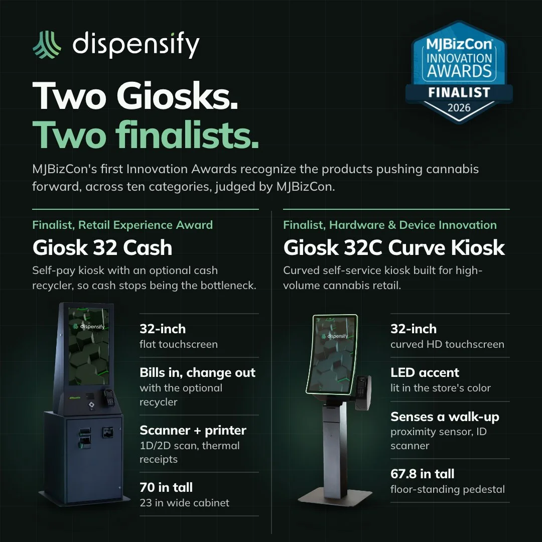 Dispensify announcement: Giosk 32 Cash and Giosk 32C Curve Kiosk named finalists in the MJBizCon Innovation Awards