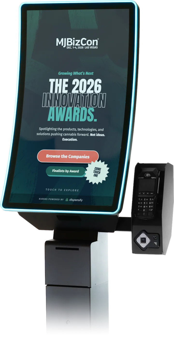 Giosk 32CF kiosk showing the MJBizCon 2026 Innovation Awards home screen