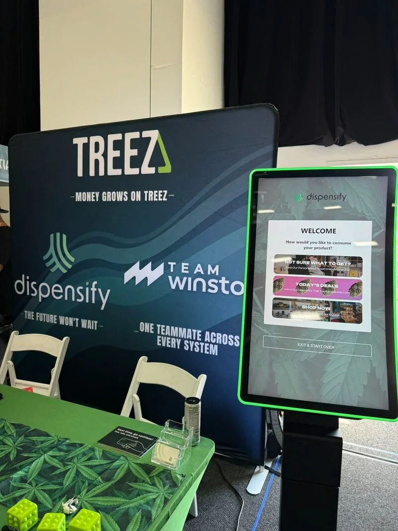 Dispensify Giosk 32CF kiosk beside the shared Treez, Dispensify and Team Winston booth at ON THE REVEL