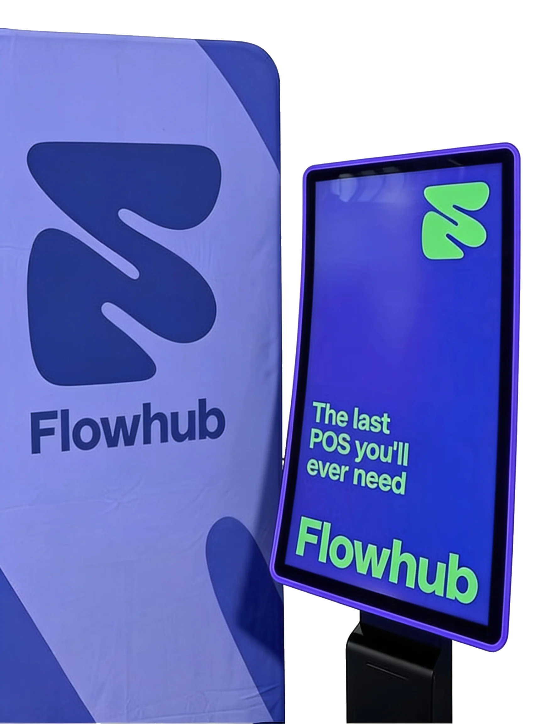Flowhub banner beside a Dispensify kiosk screen showing Flowhub POS branding