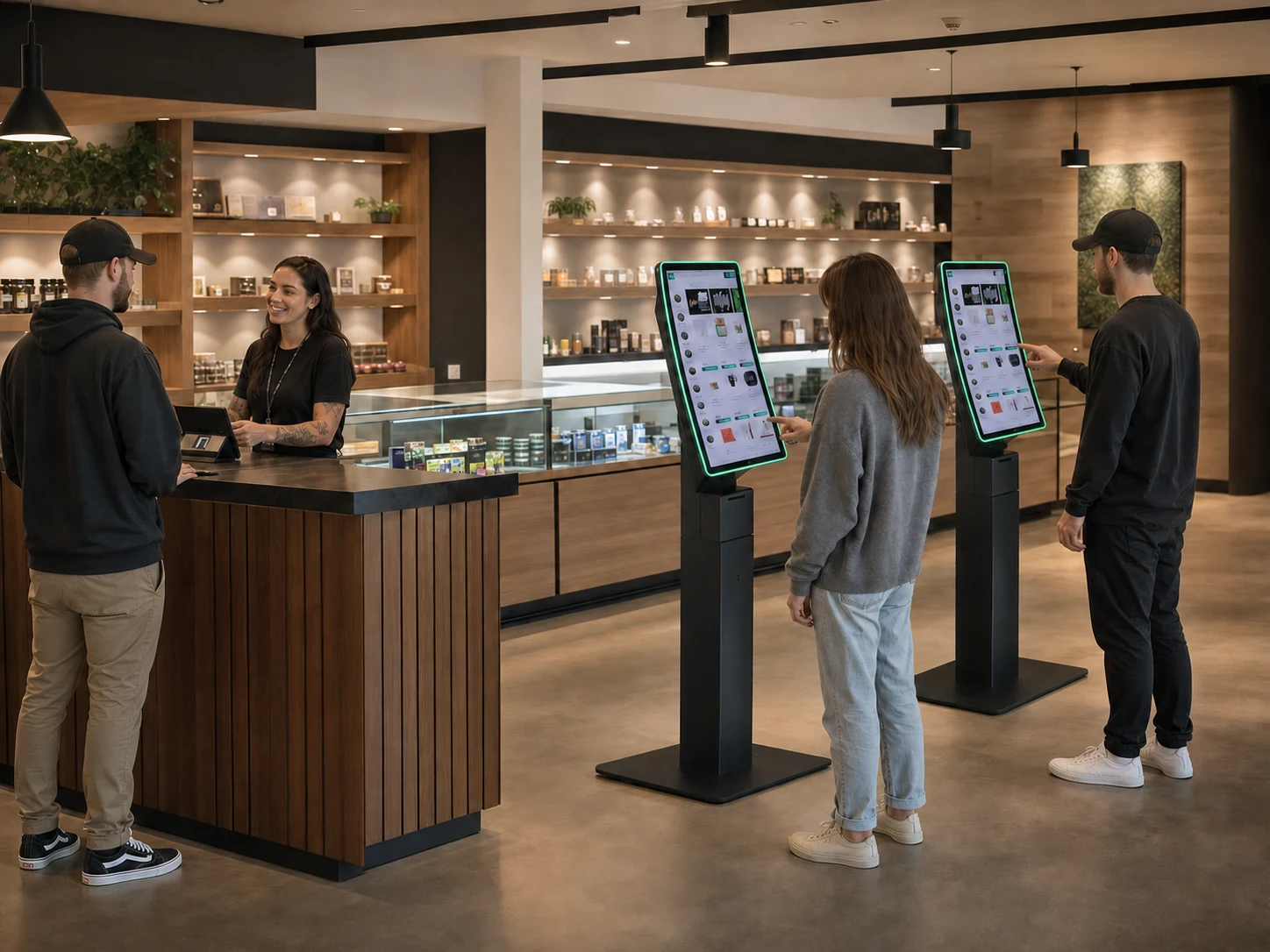 One customer at a staffed register while two customers order in parallel at Giosk 32CF kiosks