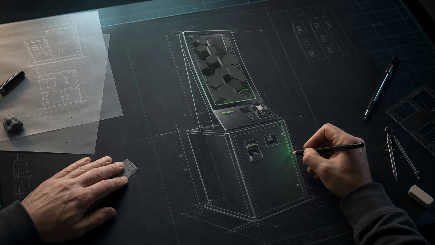 Dispensify industrial designer sketching the dispensary kiosk over engineering blueprints