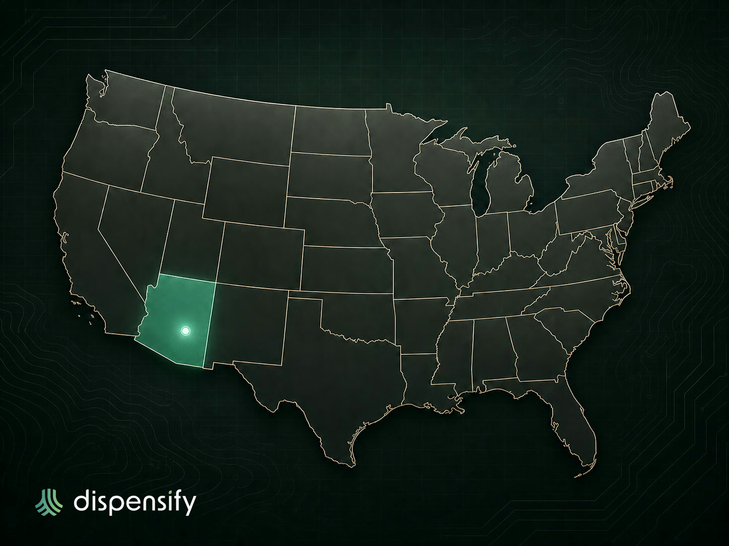 United States map with Arizona highlighted to show Dispensify kiosk design, fabrication, and assembly in Mesa, Arizona