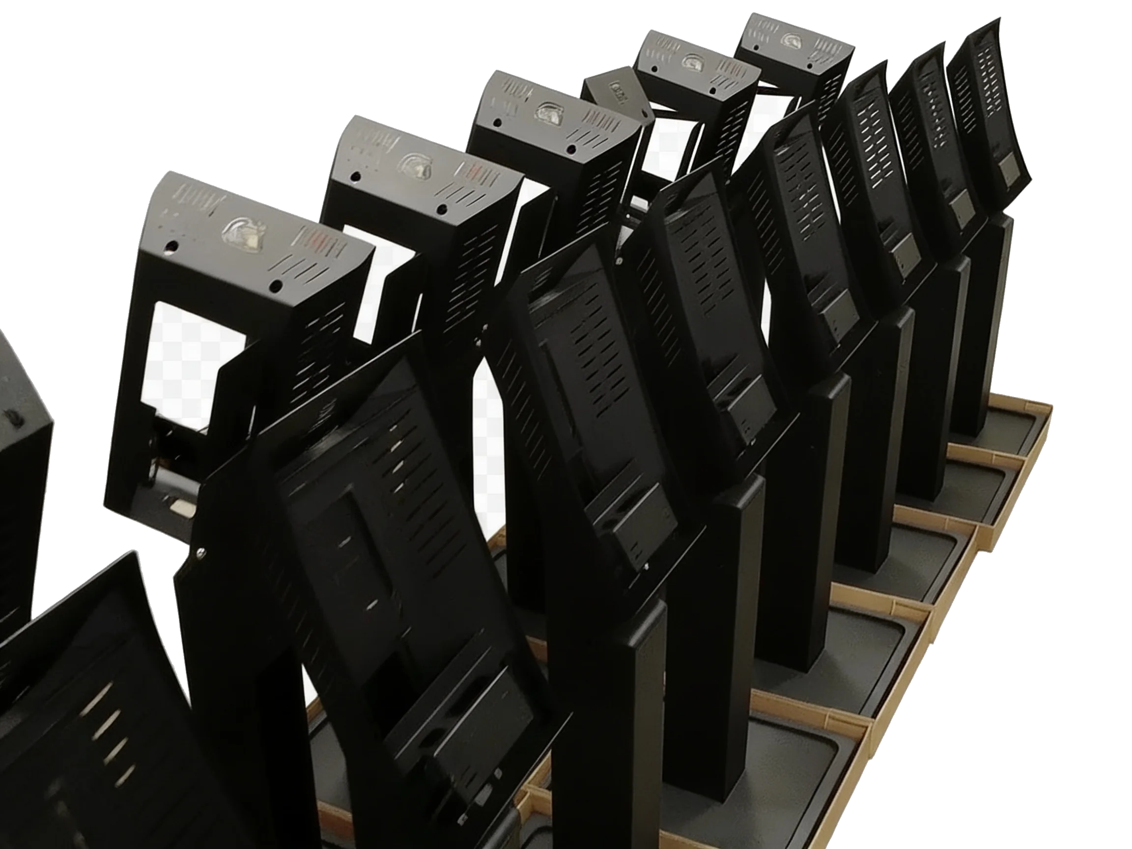 Rows of Giosk 32CF floor-standing kiosk units staged during hardware configuration before shipment