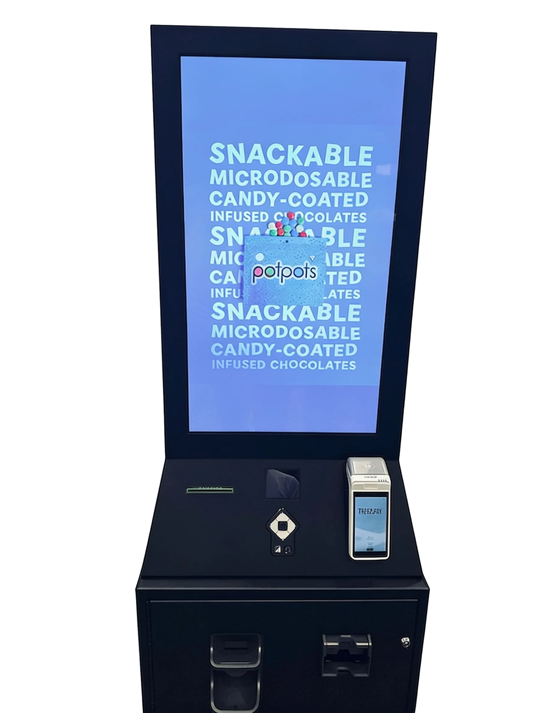 Giosk 32 Cash kiosk screen showing a Potpots in-store advertising creative