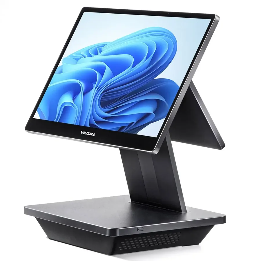 Volcora POS Terminal Pro with a 15.6-inch staff touch screen and a 10.1-inch customer display on an aluminum base