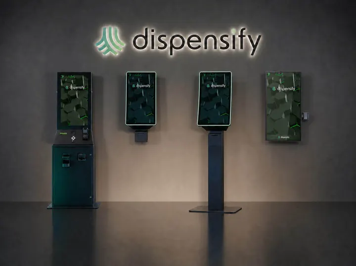 Dispensify dispensary kiosk lineup with the Giosk 32 Cash, Giosk 32CW, Giosk 32CF, and Giosk 43W.
