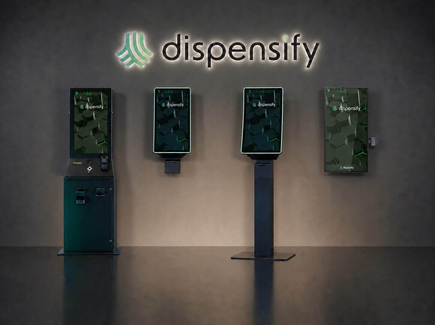 Dispensify dispensary kiosk lineup with the Giosk 32 Cash, Giosk 32CW, Giosk 32CF, and Giosk 43W.