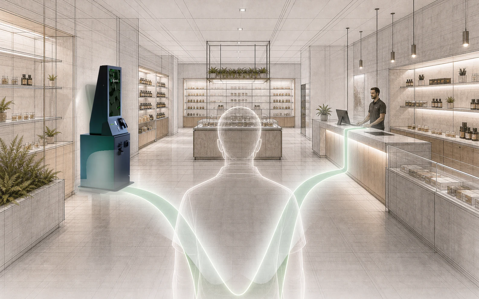 A dispensary customer sees two routes: one to a cash-enabled kiosk and one to a budtender counter.