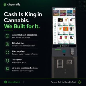 Automated cash handling kiosk for cannabis dispensary with bill validation, coin recycling, and POS integration