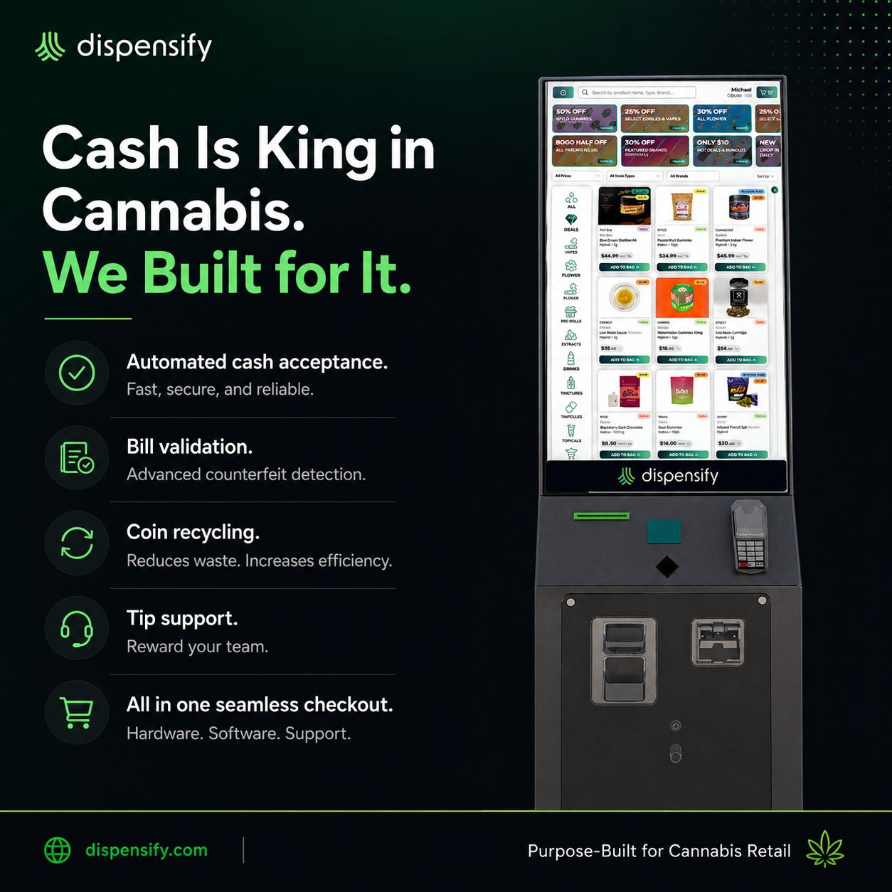 Automated cash handling kiosk for cannabis dispensary with bill validation, coin recycling, and POS integration