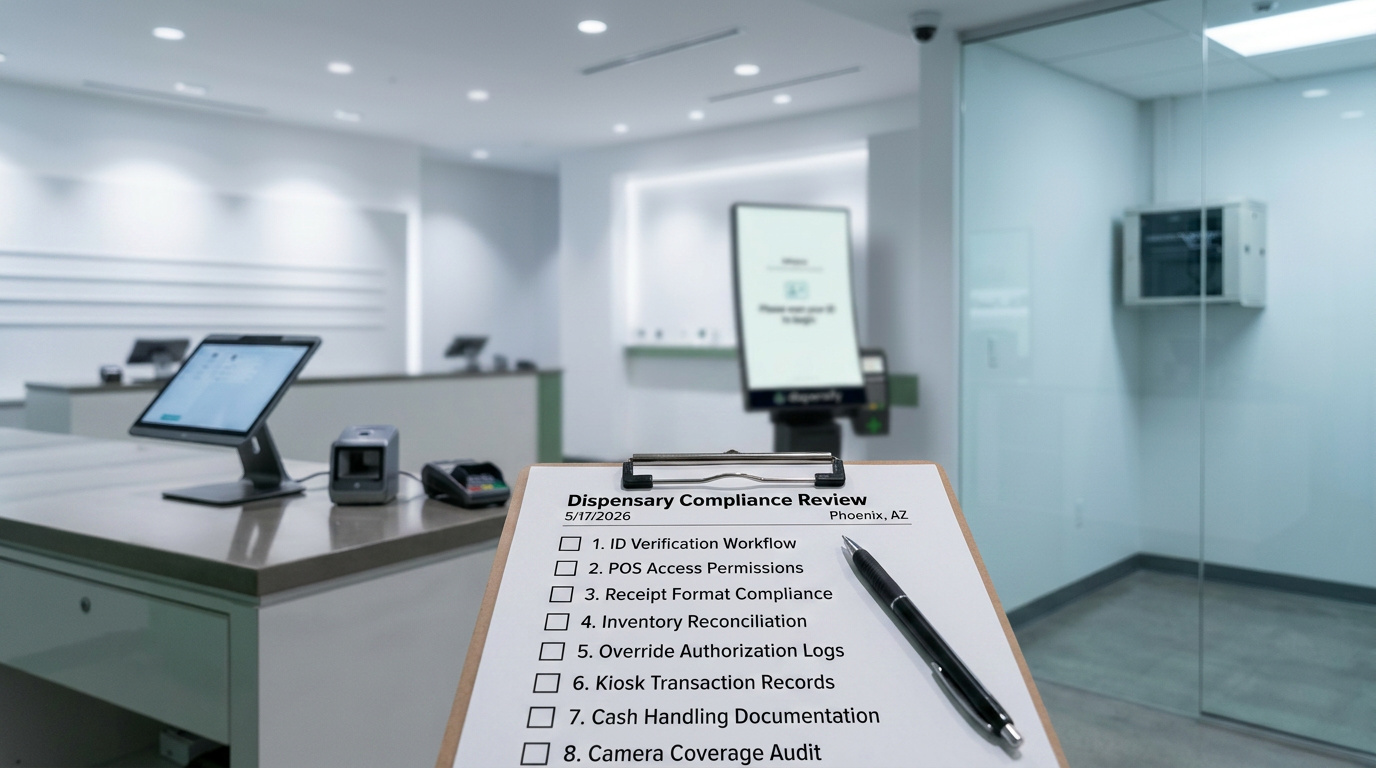 Compliance inspector reviewing a dispensary audit checklist with a Dispensify kiosk and point-of-sale system visible in the background