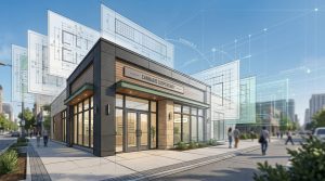 Modern cannabis dispensary storefront with blueprint overlays showing planned multi-location expansion