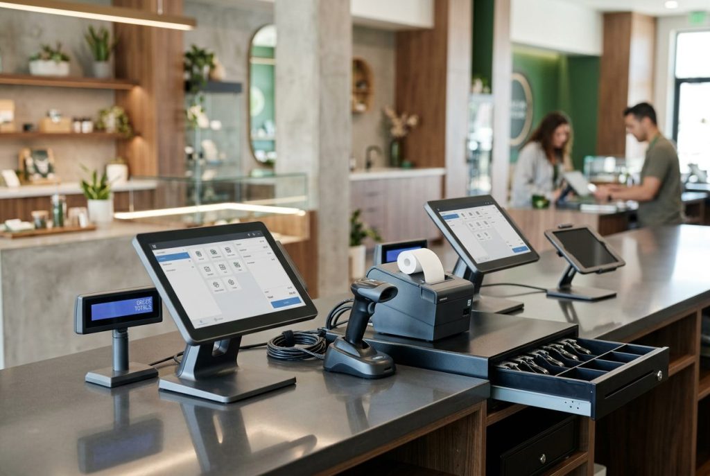 Cannabis dispensary checkout counter with POS terminals, barcode scanner, receipt printer, tablet stand, and cash drawer
