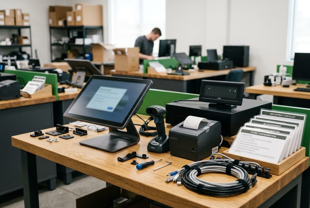 Cannabis POS hardware staged for deployment with touchscreen terminal, barcode scanner, receipt printer, cash drawer, cables, and setup checklist