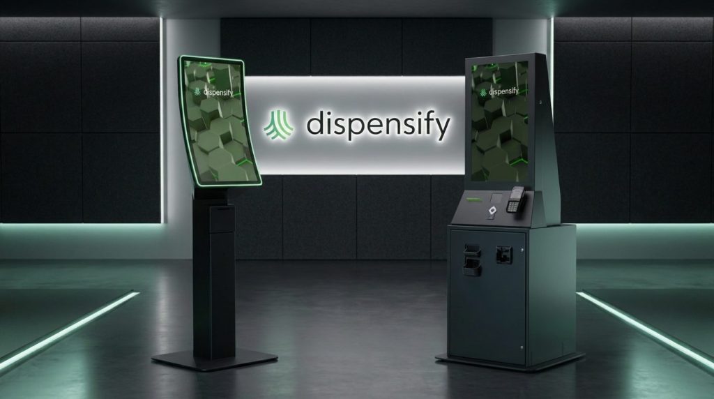 Dispensify cannabis dispensary kiosk showroom showing the Giosk 32C curved touchscreen kiosk and Giosk 32 Cash floor-standing cash kiosk positioned in a premium retail environment with the illuminated Dispensify brand wordmark on a backlit architectural wall