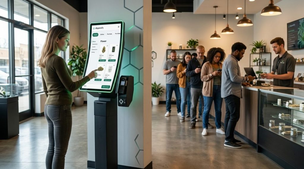 Customer using a Dispensify Giosk 32C dispensary kiosk for self-service cannabis ordering in a modern dispensary lobby, while a long line of customers waits at the traditional budtender counter in the background, demonstrating how cannabis dispensary kiosks reduce wait times and increase retail throughput