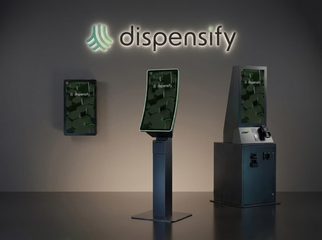 Dispensify dispensary kiosk lineup showing the Giosk 43 Wall Mount, Giosk 32C, and Giosk 32 Cash self-service cannabis retail kiosks against a dark studio backdrop with illuminated Dispensify brand wordmark