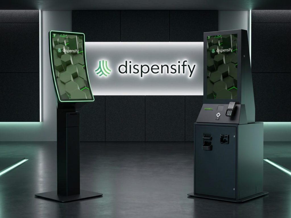 Dispensify cannabis dispensary kiosk showroom showing the Giosk 32C curved touchscreen kiosk and Giosk 32 Cash floor-standing cash kiosk positioned in a premium retail environment with the illuminated Dispensify brand wordmark on a backlit architectural wall