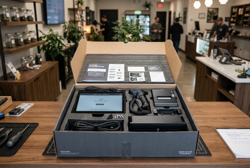 Pre-configured cannabis POS hardware kit with terminal, barcode scanner, receipt printer, cash drawer, cables, and setup materials packed for deployment