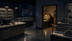 After-hours dispensary manager counting cash in a back office with cash automation equipment