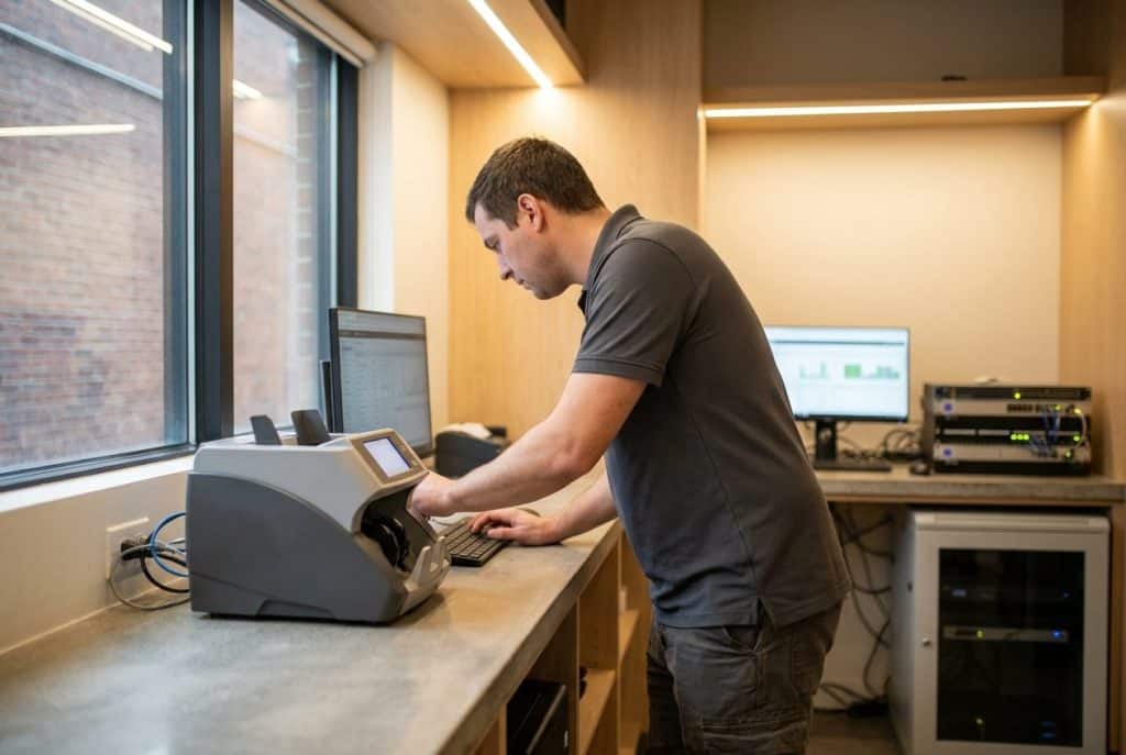 Dispensify technician configuring cash counting equipment in a dispensary back office