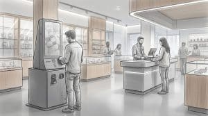 Customer using a self-service cannabis kiosk on a dispensary floor while a budtender consults with another customer at the counter