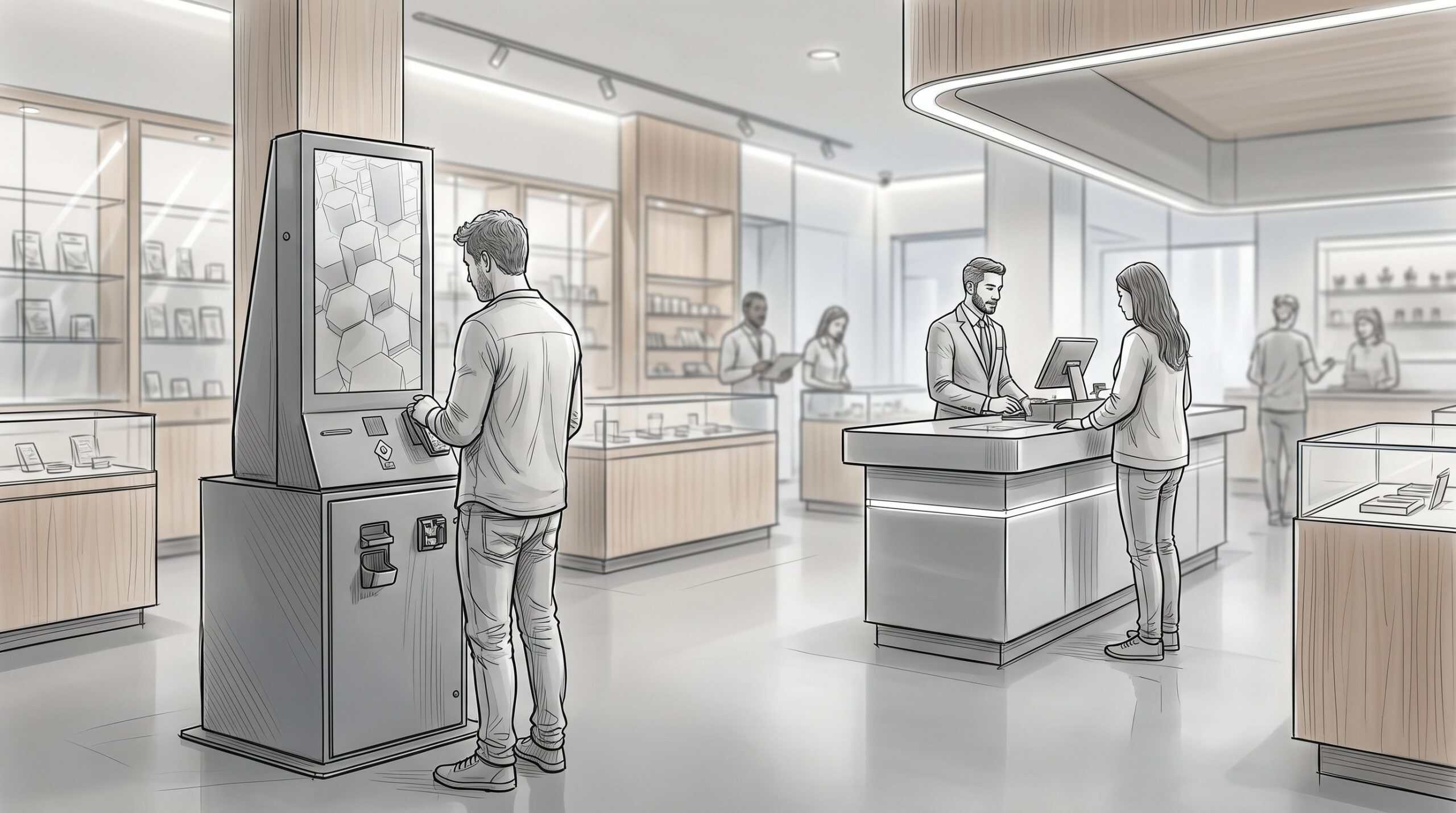 Customer using a self-service cannabis kiosk on a dispensary floor while a budtender consults with another customer at the counter
