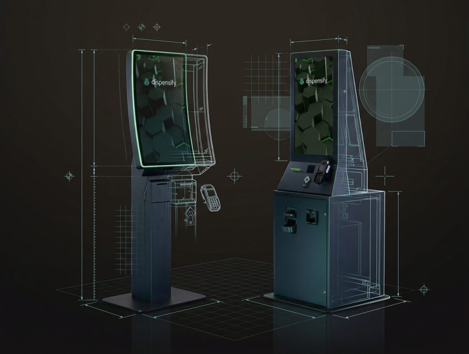 Dispensify dispensary kiosk and cannabis kiosk custom build engineering render showing the Giosk 32C curved touchscreen kiosk and Giosk 32 Cash floor-standing cash kiosk with technical dimension callouts, exploded component views, and engineering grid overlay demonstrating Dispensify custom kiosk engineering capabilities for cannabis retail