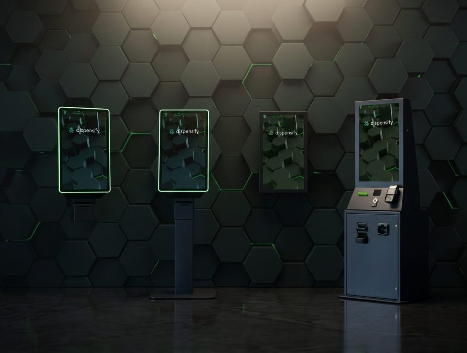 Dispensify dispensary kiosk and cannabis kiosk solutions lineup showing wall-mounted self-service kiosks and the Giosk 32 Cash floor-standing cash kiosk against a Dispensify branded hexagonal pattern wall for cannabis retail self-service ordering and cash payment
