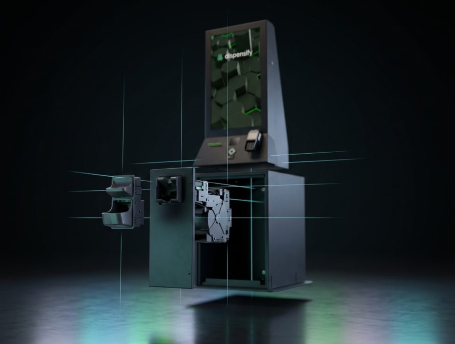 Dispensify Giosk 32 Cash dispensary kiosk and cannabis kiosk for cash payment processing, shown with cash recycler door open exposing the integrated cash and coin recycling mechanism for secure self-service cash automation in cannabis retail